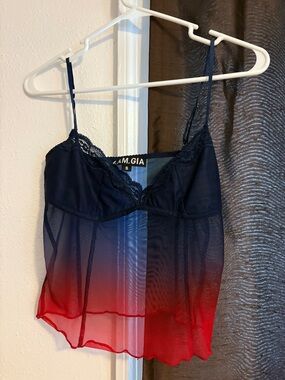 I.AM.GIA Navy to Red Ombre Lace Trim Tank Top